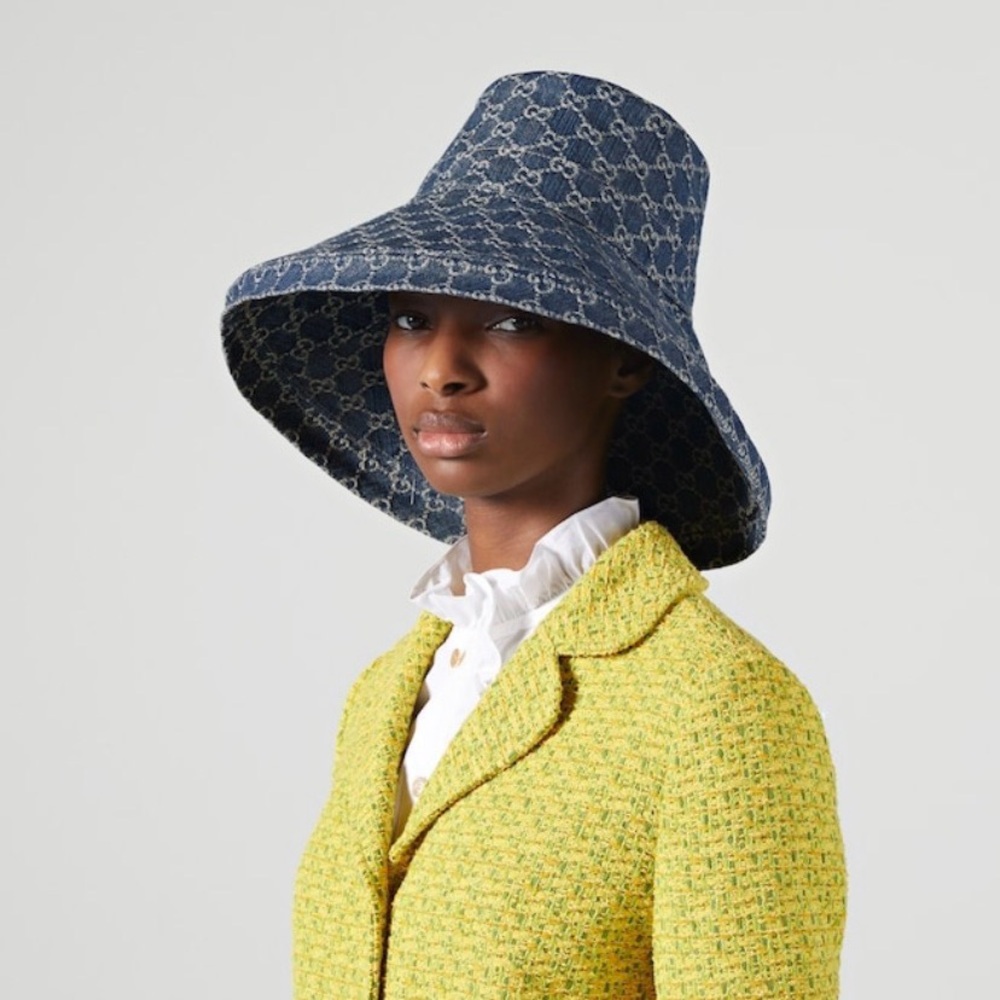 Denim Monogram Bucket Hat w Wide Large Brim Trim Jacquard Sun Coverage Navy Blue - Picture 13 of 16